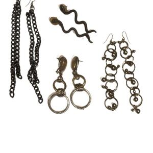 Lot of 4 Statement Dangle Black Silver Style Trendy Wavy Hoop Earrings OS